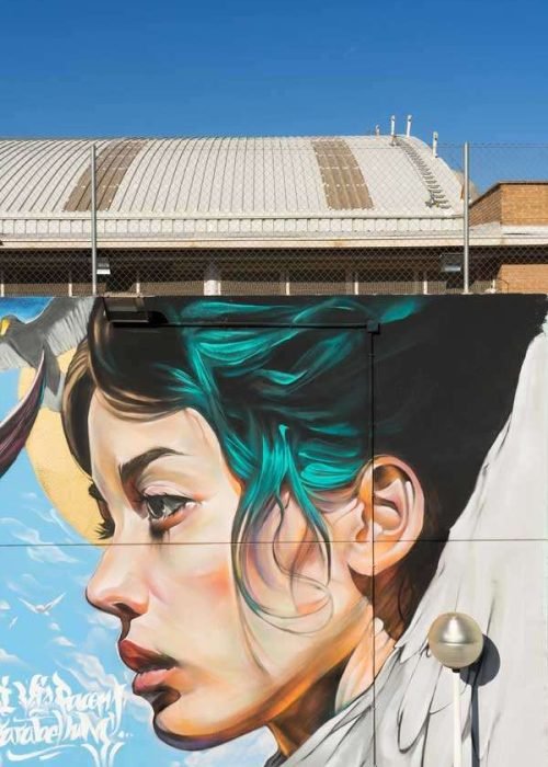 Retrato mural en fachada de edificio público en Godella, arte urbano profesional