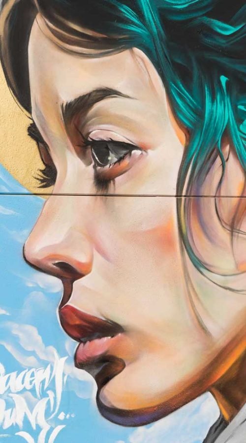 Retrato mural en fachada de edificio público en Godella, arte urbano profesional