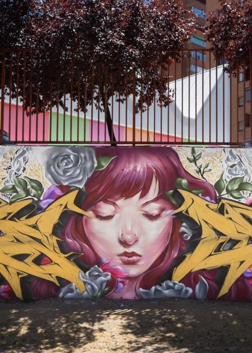 Mural graffiti Angel Cry en colegio Camilo José Cela