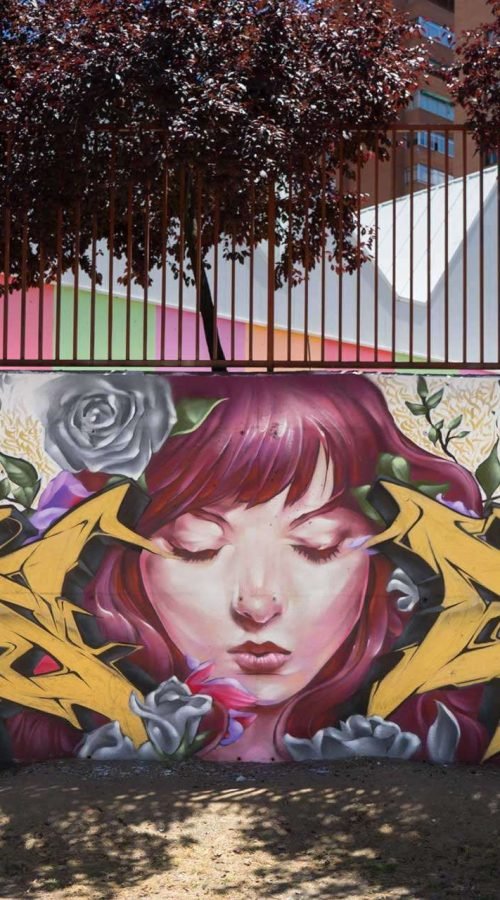 Mural graffiti Angel Cry en colegio Camilo José Cela