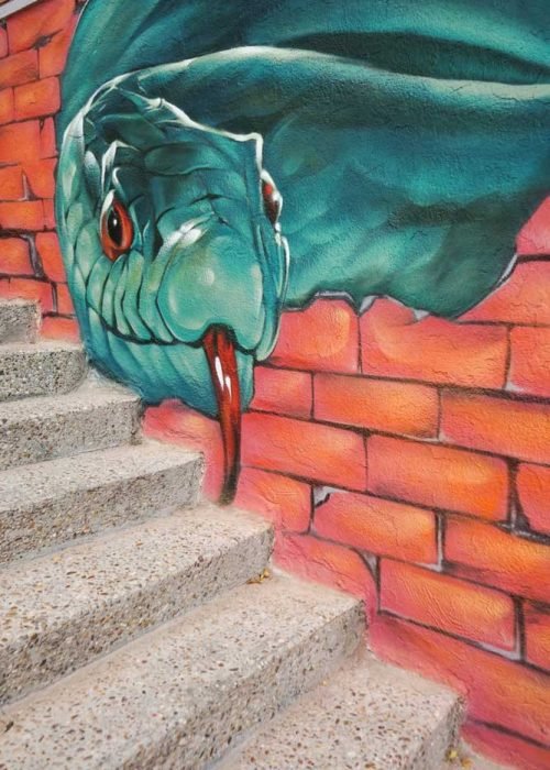 Mural de Akira Books con trampantojo, Nagini y pósters de Harry Potter