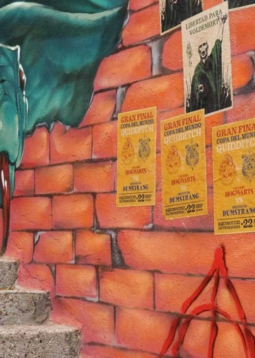 Mural de Akira Books con trampantojo, Nagini y pósters de Harry Potter