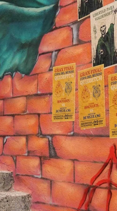 Mural de Akira Books con trampantojo, Nagini y pósters de Harry Potter