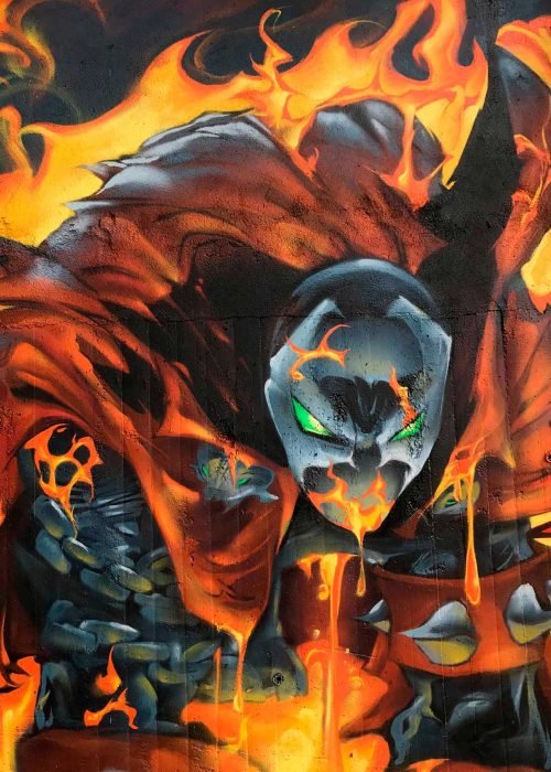 Graffiti de Spawn envuelto en llamas estilo cómic