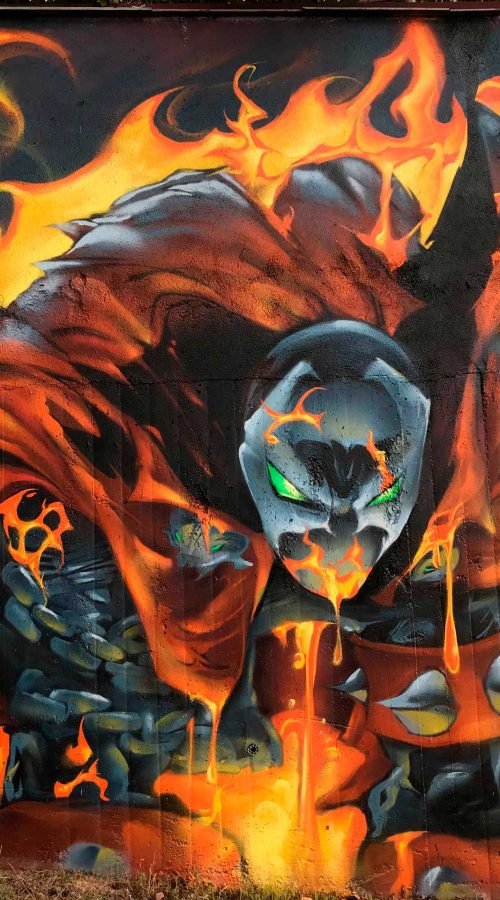 Graffiti de Spawn envuelto en llamas estilo cómic