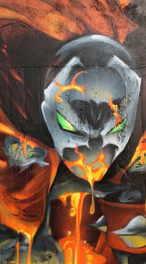 Graffiti de Spawn envuelto en llamas estilo cómic
