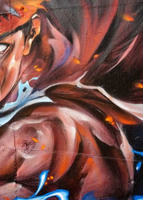 Mural con Ryu de Street Fighter en estilo graffiti para decoración interior