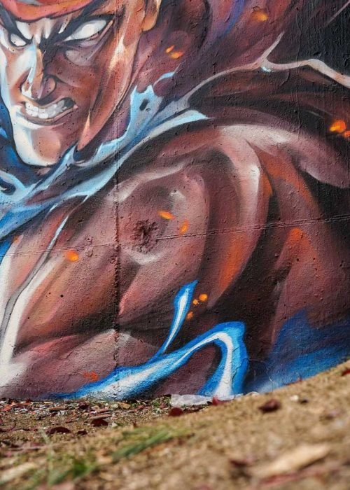 Mural con Ryu de Street Fighter en estilo graffiti para decoración interior