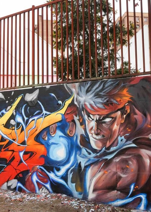 Mural con Ryu de Street Fighter en estilo graffiti para decoración interior