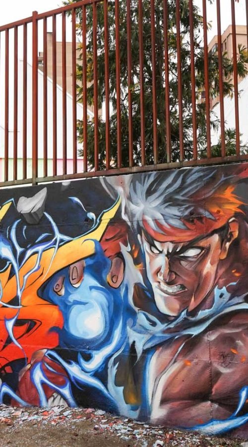 Mural con Ryu de Street Fighter en estilo graffiti para decoración interior
