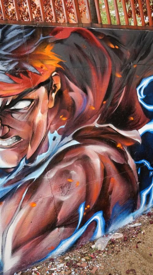 Mural con Ryu de Street Fighter en estilo graffiti para decoración interior