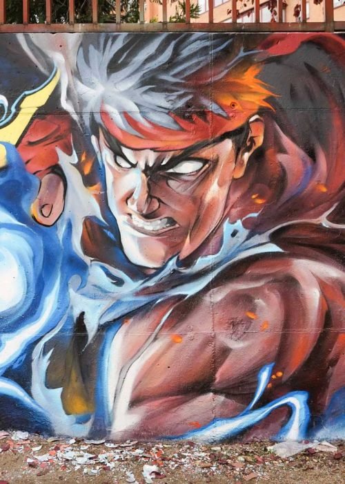 Mural con Ryu de Street Fighter en estilo graffiti para decoración interior