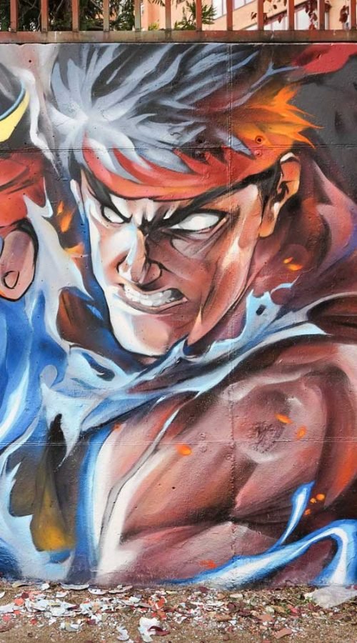 Mural con Ryu de Street Fighter en estilo graffiti para decoración interior