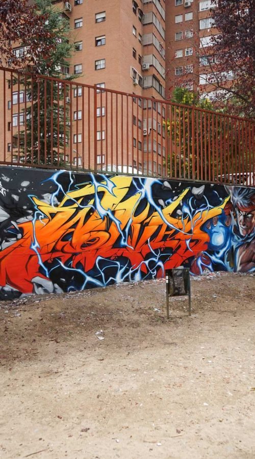 Mural con Ryu de Street Fighter en estilo graffiti para decoración interior