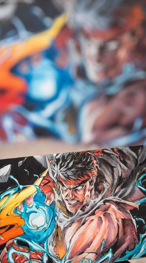 Mural con Ryu de Street Fighter en estilo graffiti para decoración interior