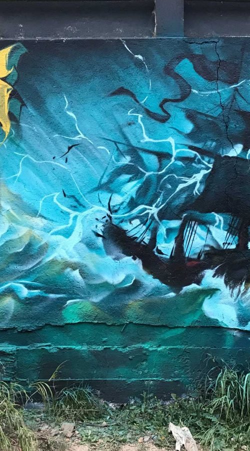 Mural realista de Lagertha y barco vikingo en tormenta