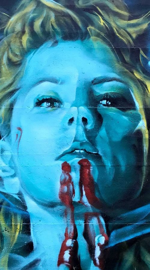 Mural realista de Lagertha y barco vikingo en tormenta