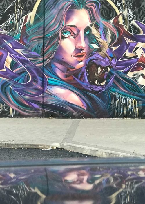 Mural de graffiti con mujer y trazos salvajes en el Colegio Gregorio Marañón