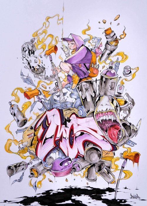 Ilustración urbana tipo graffiti con colores vivos