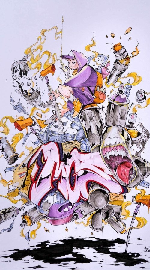 Ilustración urbana tipo graffiti con colores vivos