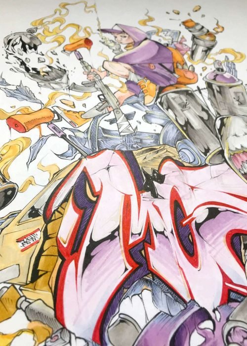 Ilustración urbana tipo graffiti con colores vivos