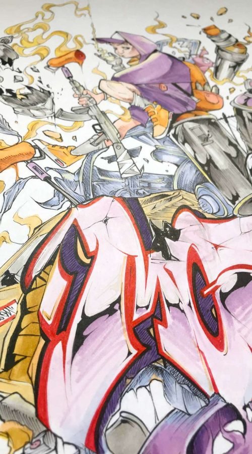 Ilustración urbana tipo graffiti con colores vivos