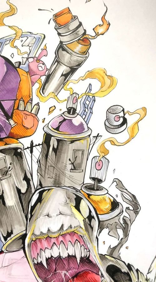 Ilustración urbana tipo graffiti con colores vivos