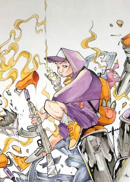 Ilustración urbana tipo graffiti con colores vivos