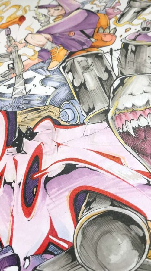 Ilustración urbana tipo graffiti con colores vivos