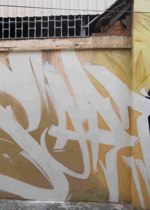 Mural graffiti en fachada de Camboya, retrato femenino con gorra para S’art Urban Art Festival.