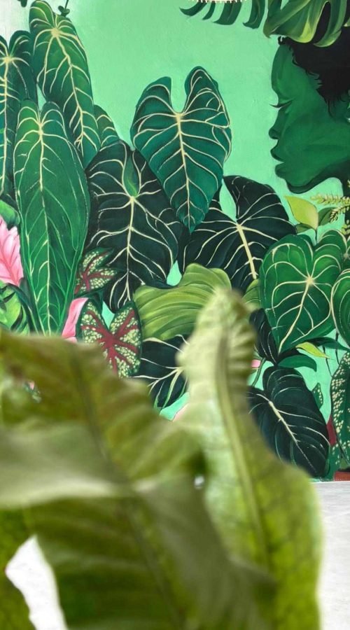 Mural vegetal en tienda Plantukas de Torrelavega con hojas tropicales y retrato femenino entre vegetación