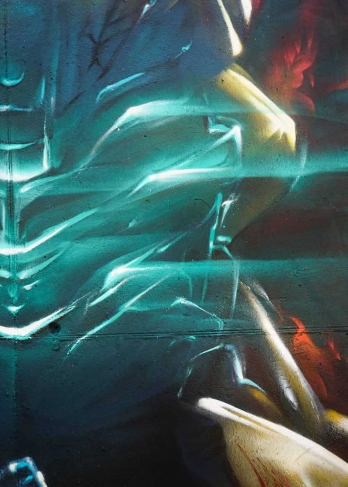 Mural de Dead Space con personaje futurista y graffiti profesional