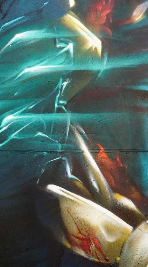 Mural de Dead Space con personaje futurista y graffiti profesional