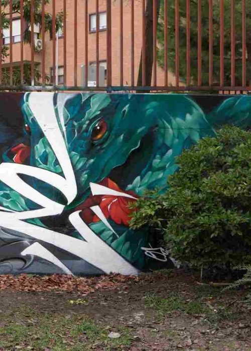 mural madrid the edge of the blade retrato femenino con rosas y serpiente tipografía graffiti blanca barrio del pilar