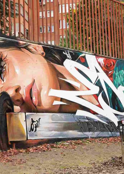 mural madrid the edge of the blade retrato femenino con rosas y serpiente tipografía graffiti blanca barrio del pilar