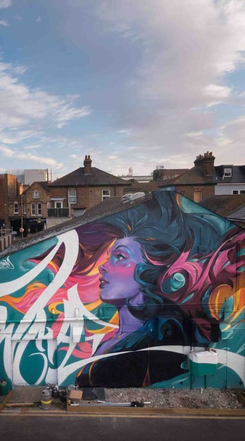 mural completo en la fachada durante el festival de graffiti en Southend,