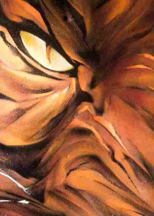 Textura del pelaje naranja y sombras del tigre en mural urbano