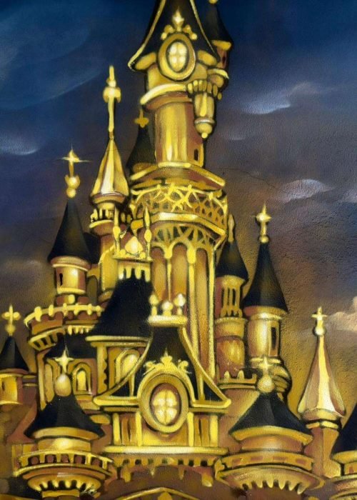 Detalle de castillo fantástico y Big Ben en mural decorativo para casa particular