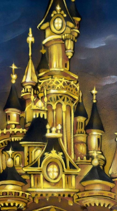 Detalle de castillo fantástico y Big Ben en mural decorativo para casa particular
