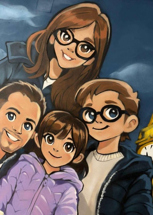 Detalle de retrato familiar personalizado en mural interior pintado a mano para particular