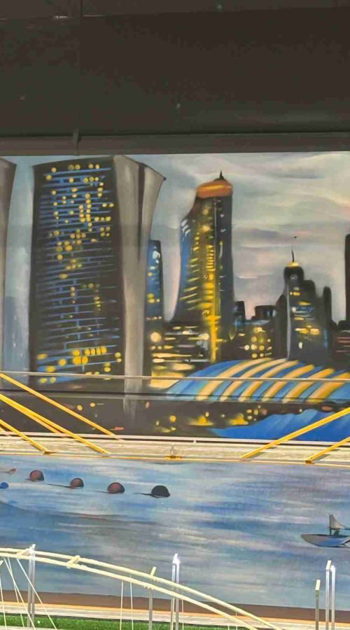 Mural de paisaje urbano para sala de Scalextric