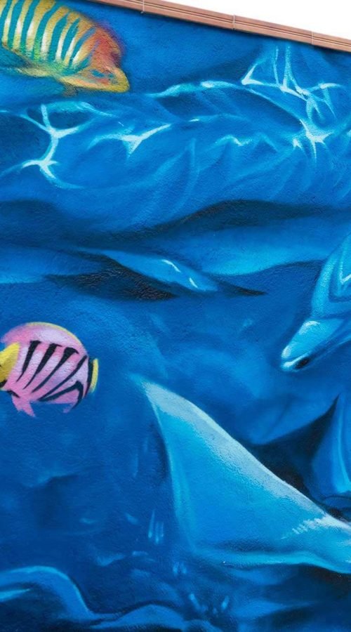 Graffiti de fauna marina en piscina particular en Madrid