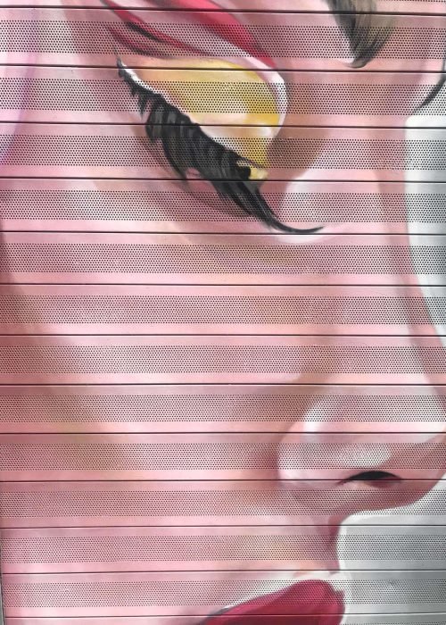 Retrato femenino en cierre de clínica Carmela Dávila, mural artístico para negocio de belleza