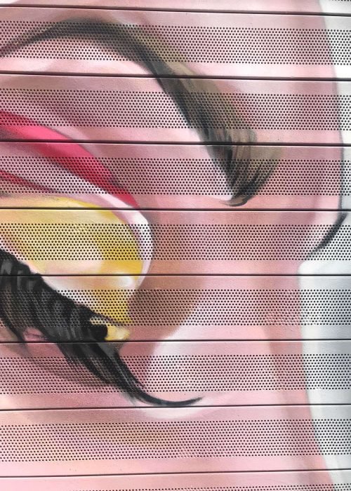 Retrato femenino en cierre de clínica Carmela Dávila, mural artístico para negocio de belleza