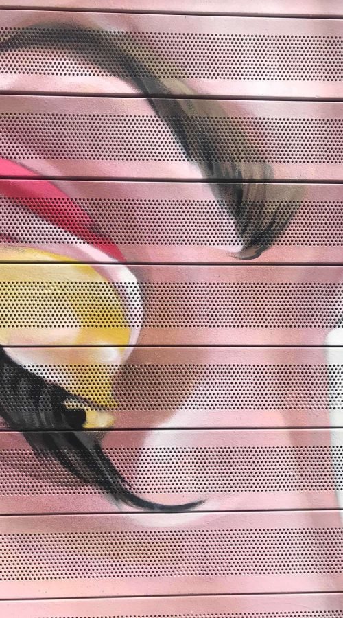 Retrato femenino en cierre de clínica Carmela Dávila, mural artístico para negocio de belleza