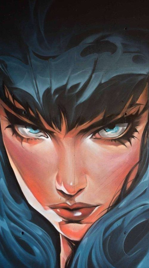 Retrato de mujer en mural de graffiti hiperrealista